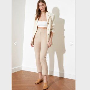 Organic Cotton Beige High Waist Pleated Trousers
